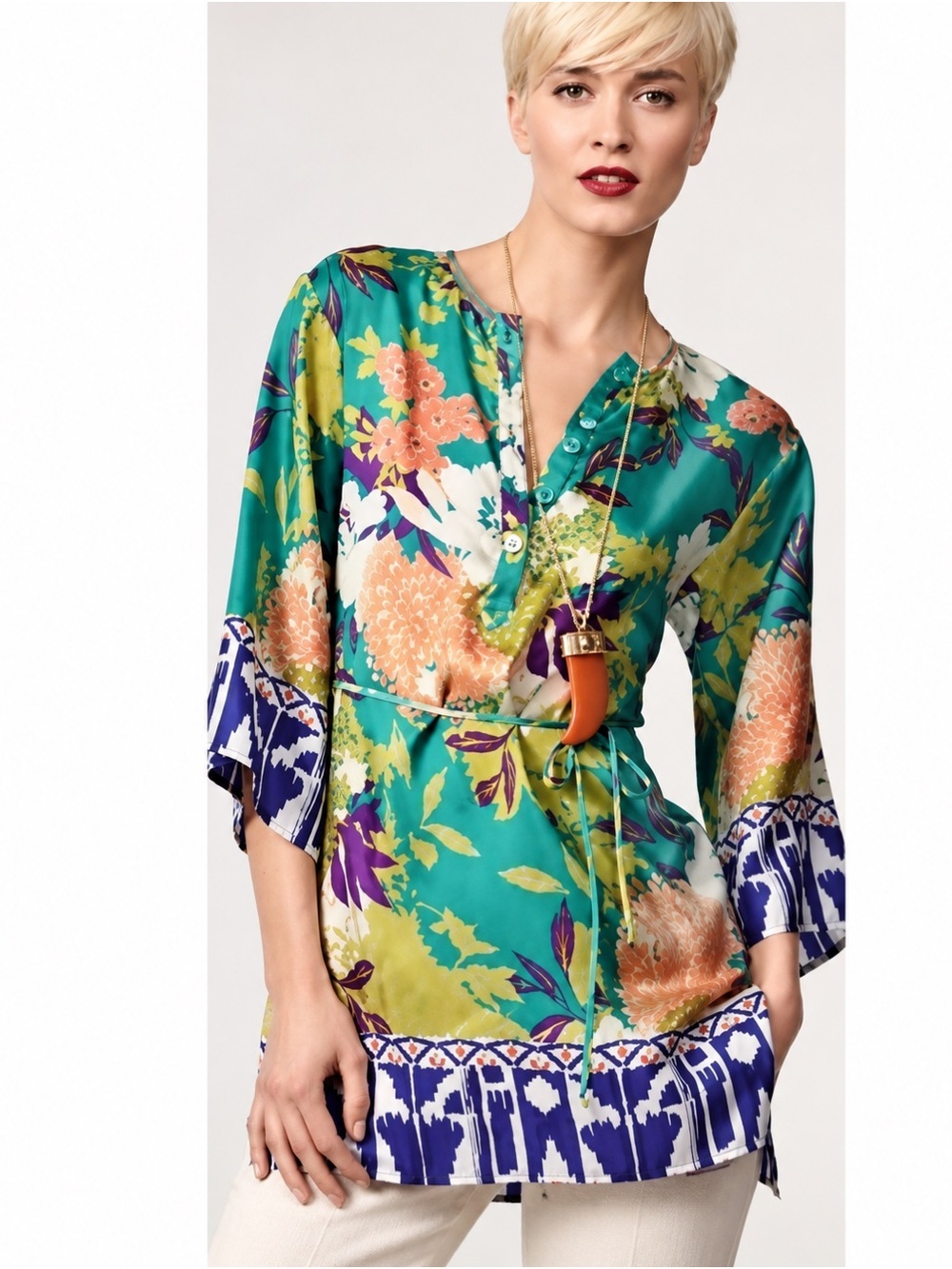 Cabi 812 100% Silk Floral Tunic Blouse Belted Boho Border Print Top